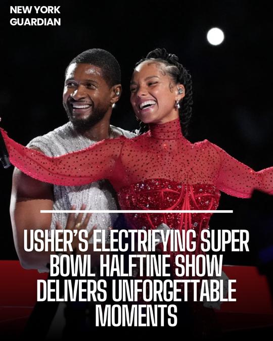 R&B celeb Usher gave a hit-heavy halftime performance at Sunday's Super Bowl - with help from Will.i.am, Alicia Keys, Ludacris... and a pair of roller skates.