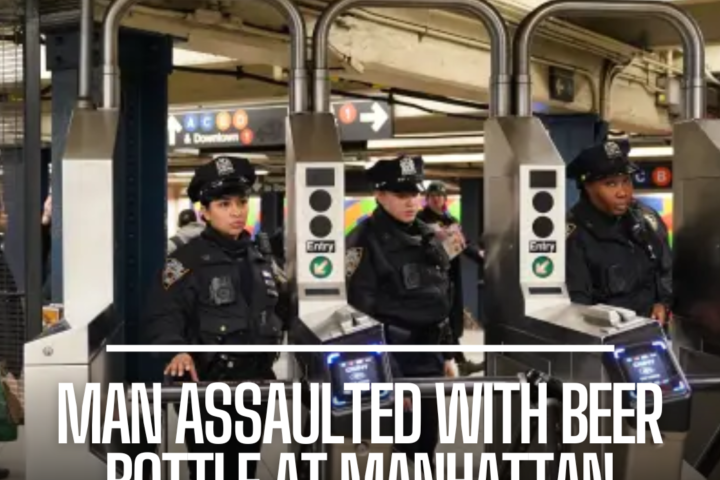 A man was beaten in the head with a glass beer bottle at a busy Manhattan tube station after his attacker demanded for money.