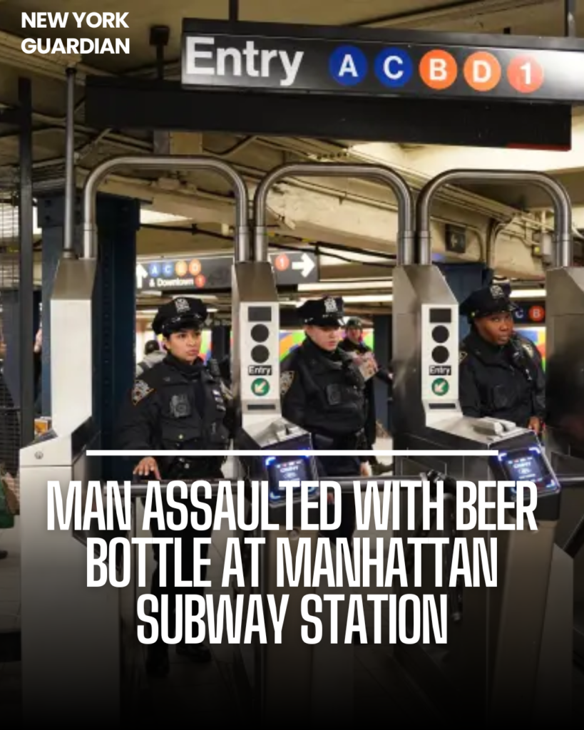 A man was beaten in the head with a glass beer bottle at a busy Manhattan tube station after his attacker demanded for money.